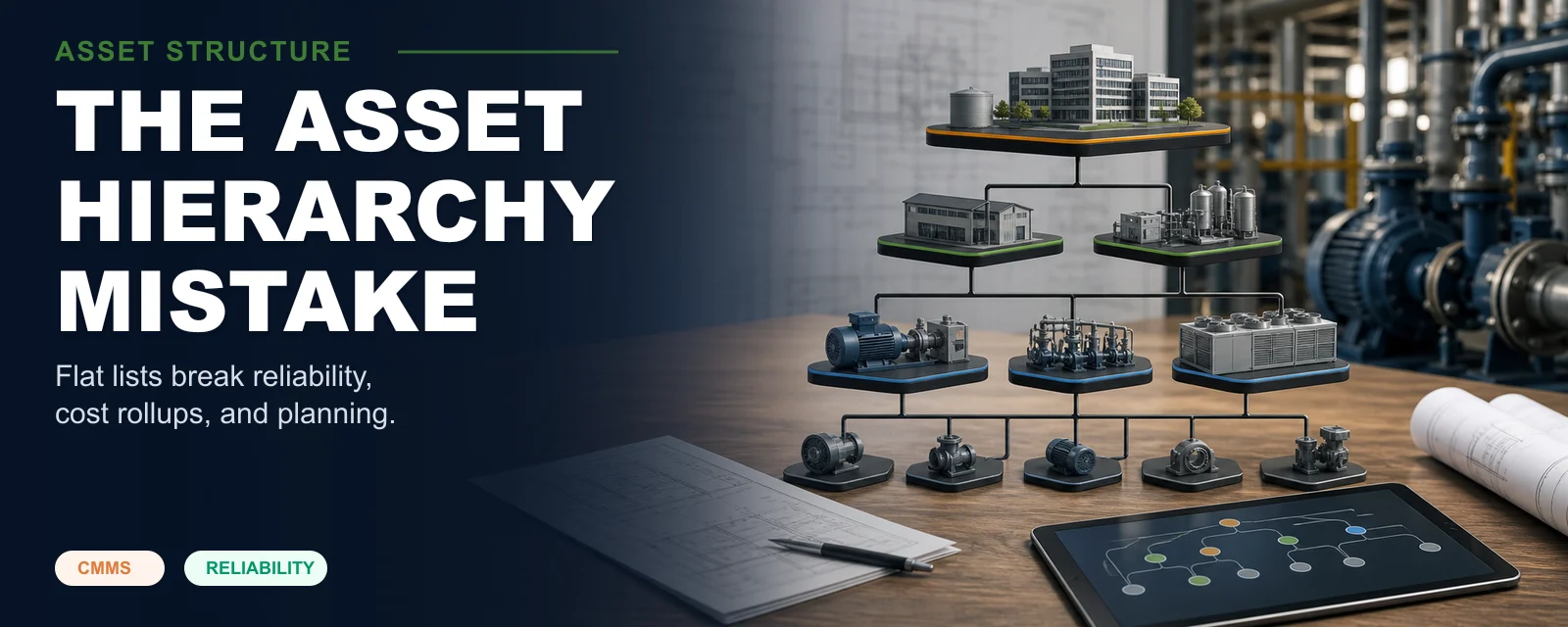 A structured facility asset hierarchy connecting site, system, equipment, and maintainable components
