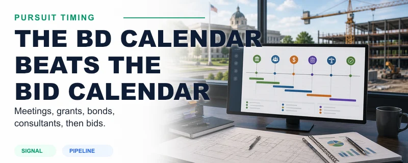 Business development calendar tracking public meetings, funding windows, consultant selection, and bid dates