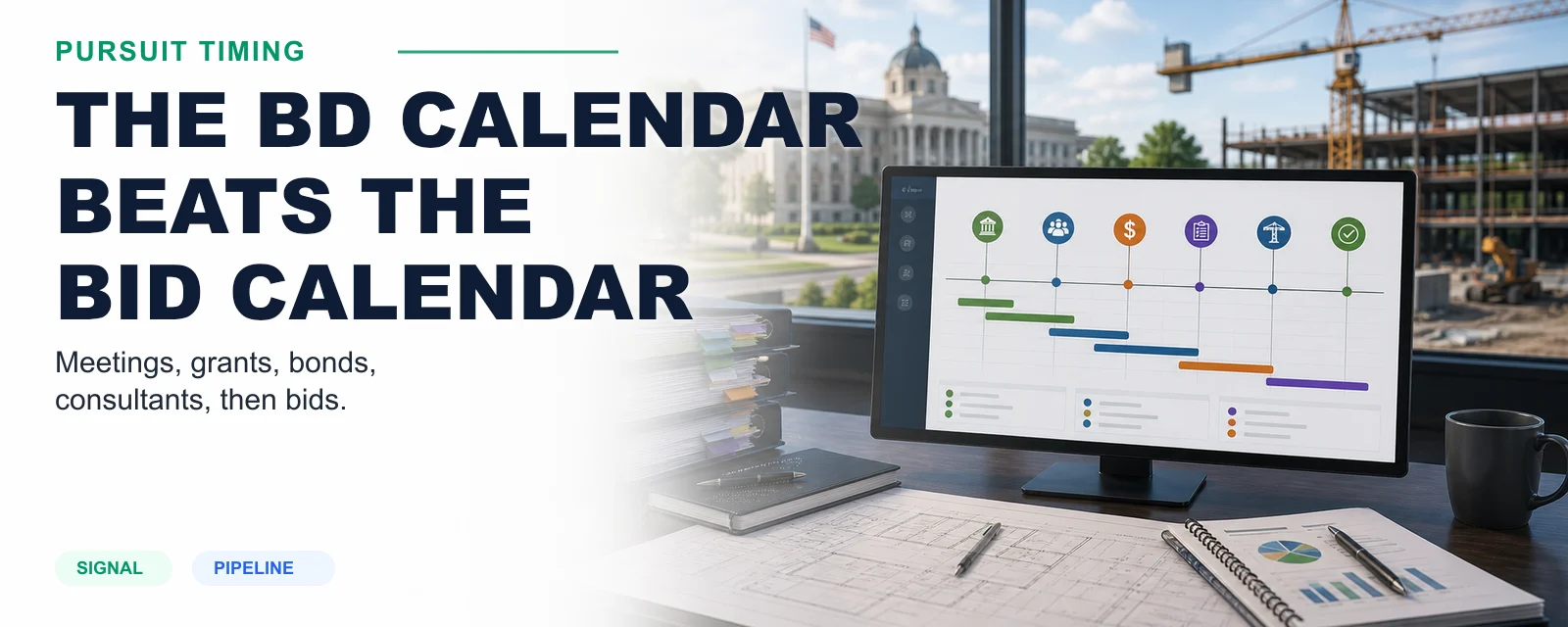 Business development calendar tracking public meetings, funding windows, consultant selection, and bid dates