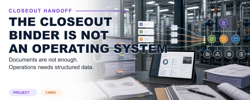 Construction closeout binder data flowing into a facilities operations dashboard