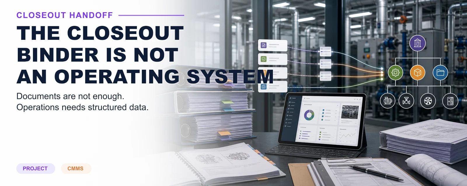 Construction closeout binder data flowing into a facilities operations dashboard