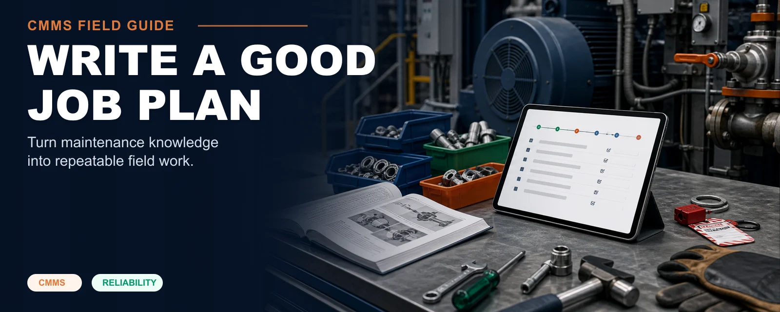 A technician workbench with a maintenance job plan, tablet, tools, and equipment diagrams