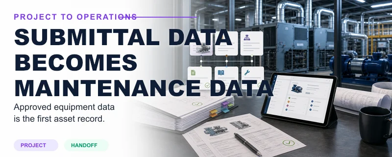 Approved construction submittal data becoming a structured facilities asset record