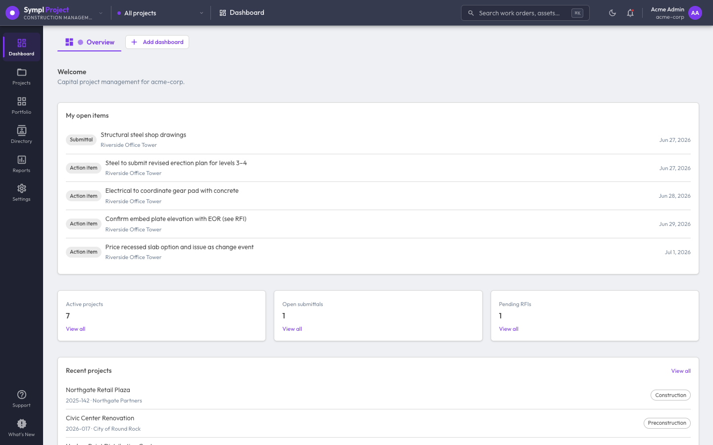 Sympl · Project portfolio dashboard — "My open items", KPI cards, and program-level rollups