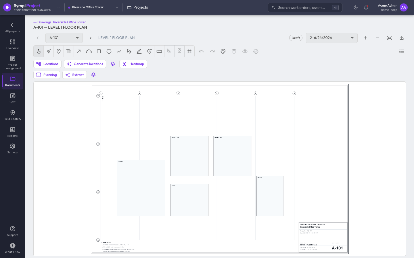 Sympl · Project drawing viewer — sheet A-101 Level 1 Floor Plan with full markup tools and the AI toolbar